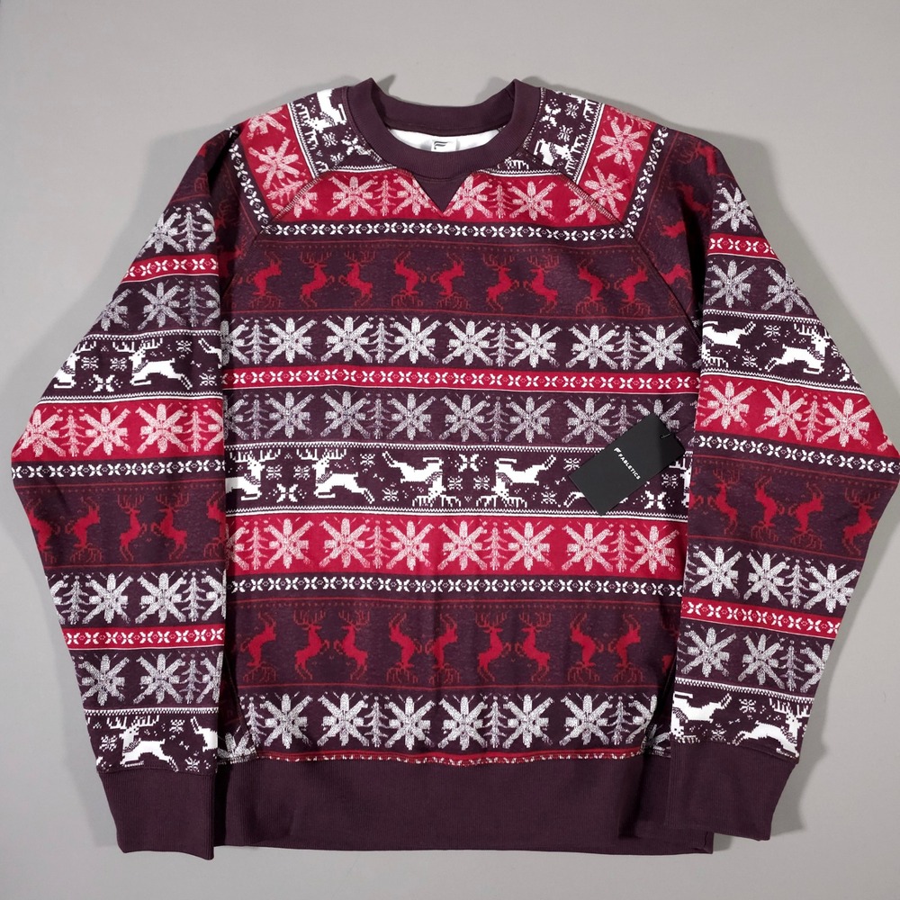 Fabletics Sweatshirt Mens Large Burgundy Fair Isle Holiday‎ Reindeer Snowflake L